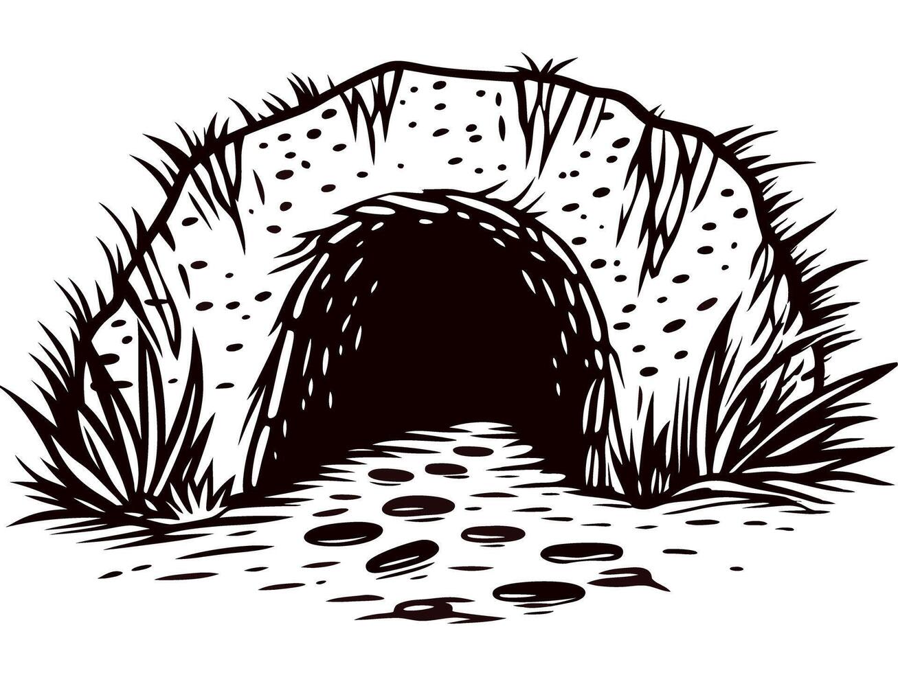 Natural cave entrance surrounded by grass and stones in a wilderness setting vector
