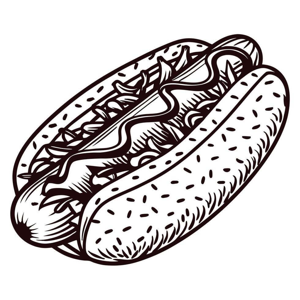Black and white of a classic hot dog with mustard and relish vector