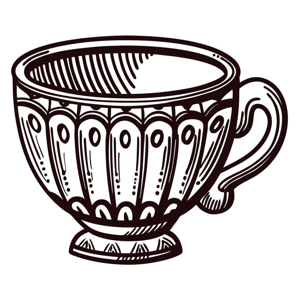 Vintage black and white teacup with ornate details and classic design vector