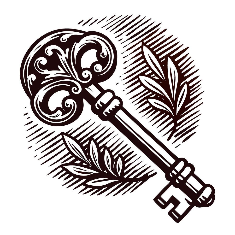 Vintage ornate key with decorative elements surrounded by leaves in monochrome vector