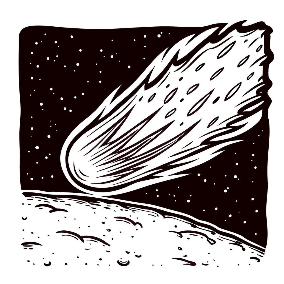 Fiery meteor streaking across starry sky approaching barren surface in space vector