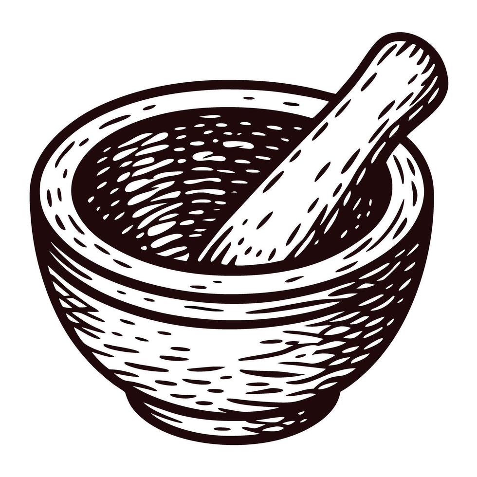Detailed of a mortar and pestle for kitchen and herbal use vector