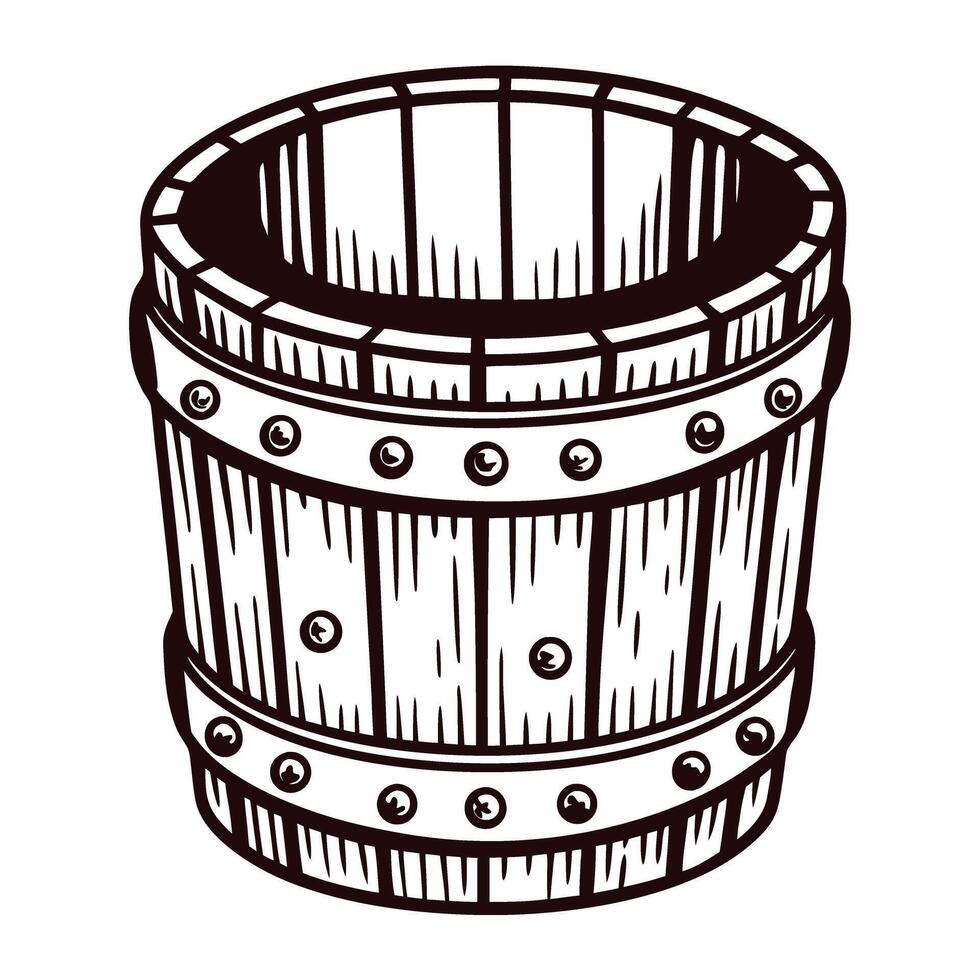 Wooden barrel with metal bands in rustic vector