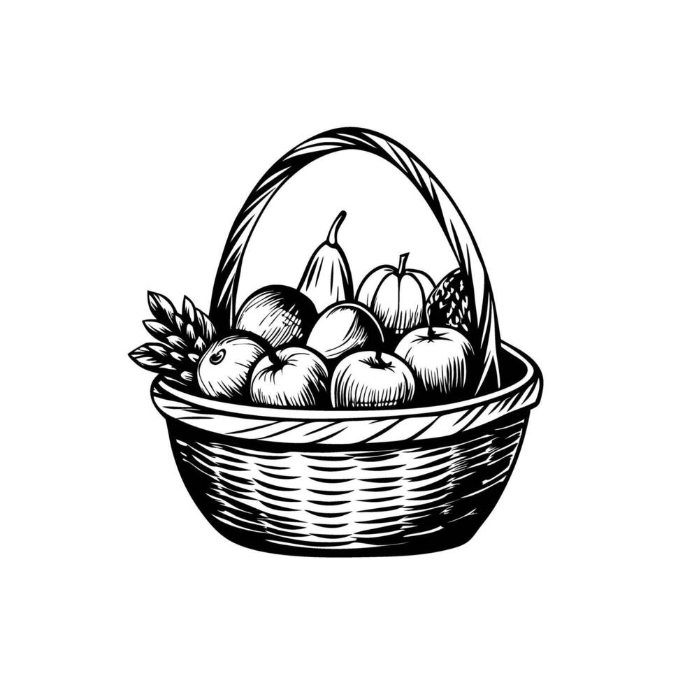 Hand drawn basket of fresh autumn harvest fruits and vegetables vector