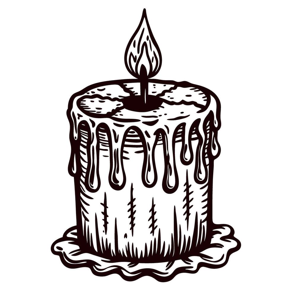 Vintage ink drawing of a dripping candle with a flickering flame on a rustic base vector