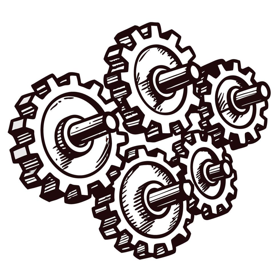 Interlocking gear mechanism in monochrome illustrating mechanical engineering concepts vector