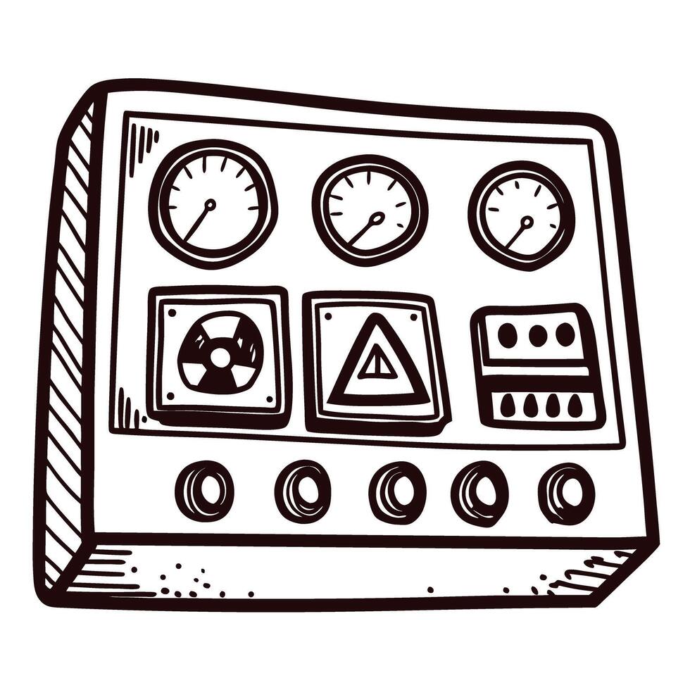 Hand drawn control panel with gauges and warning symbols in black and white vector