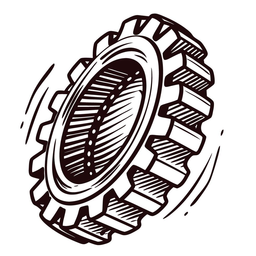 Vintage mechanical gear with detailed design and dynamic motion lines vector