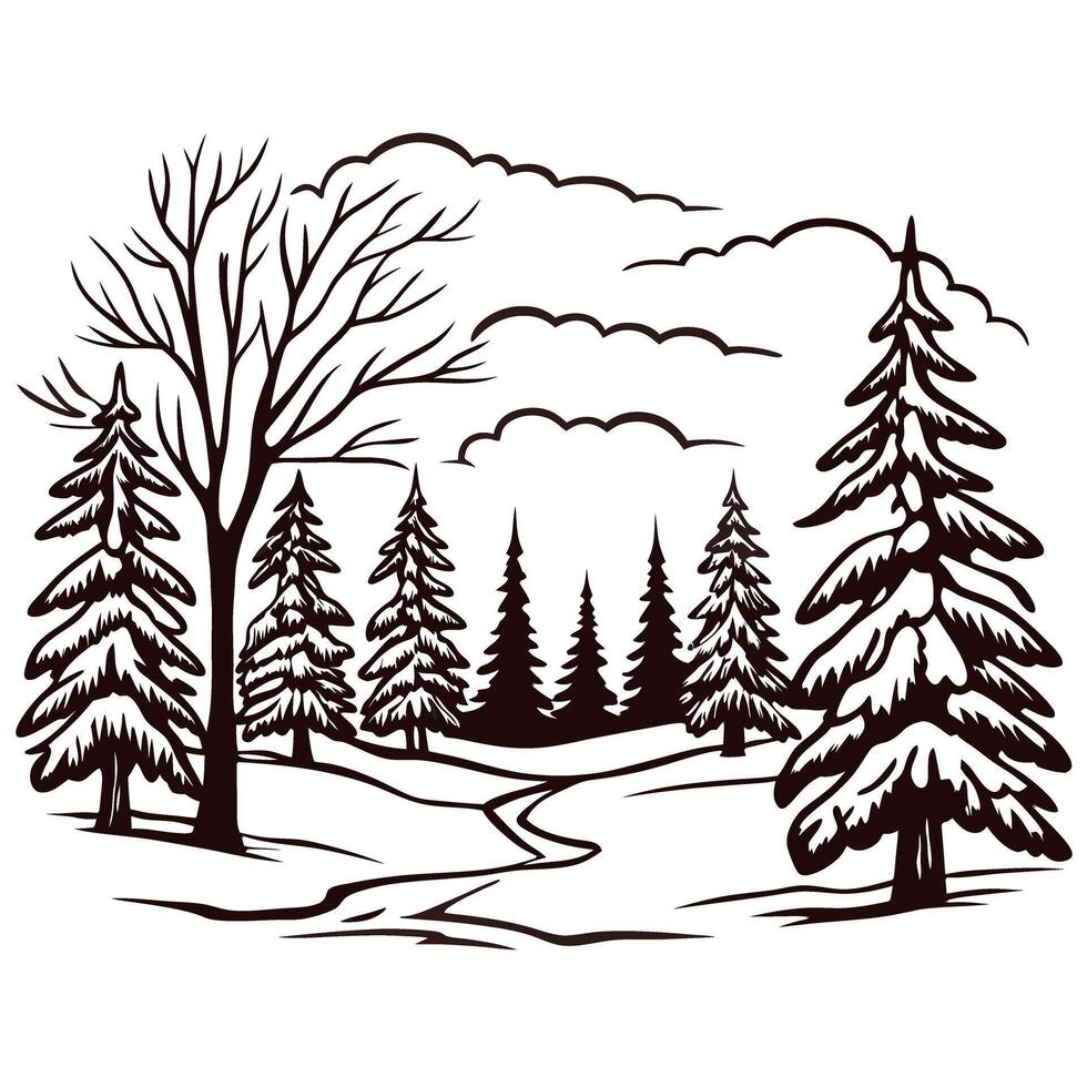 Winter landscape featuring snow covered pine trees amidst a scenic forest backdrop vector