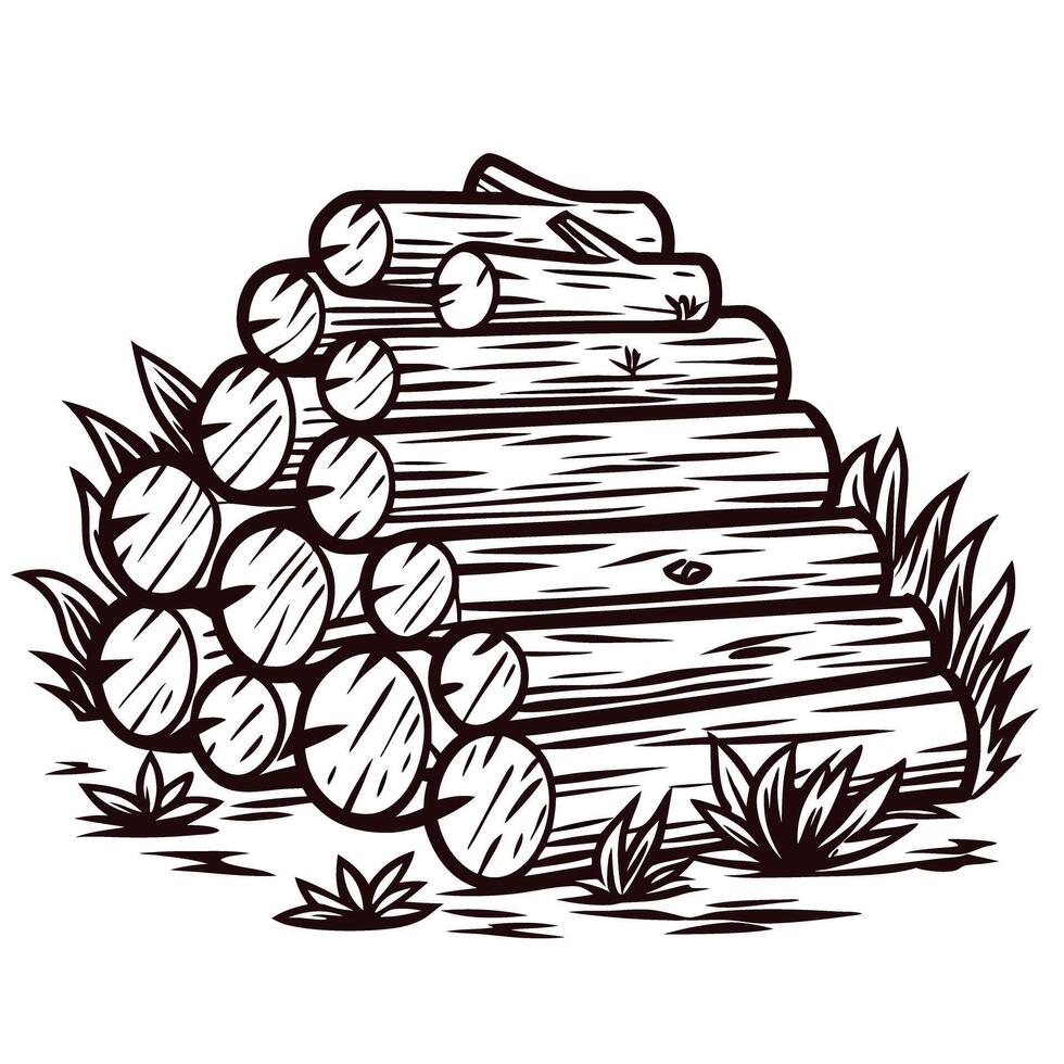 Stack of logs with grass in vintage black and white sketch vector