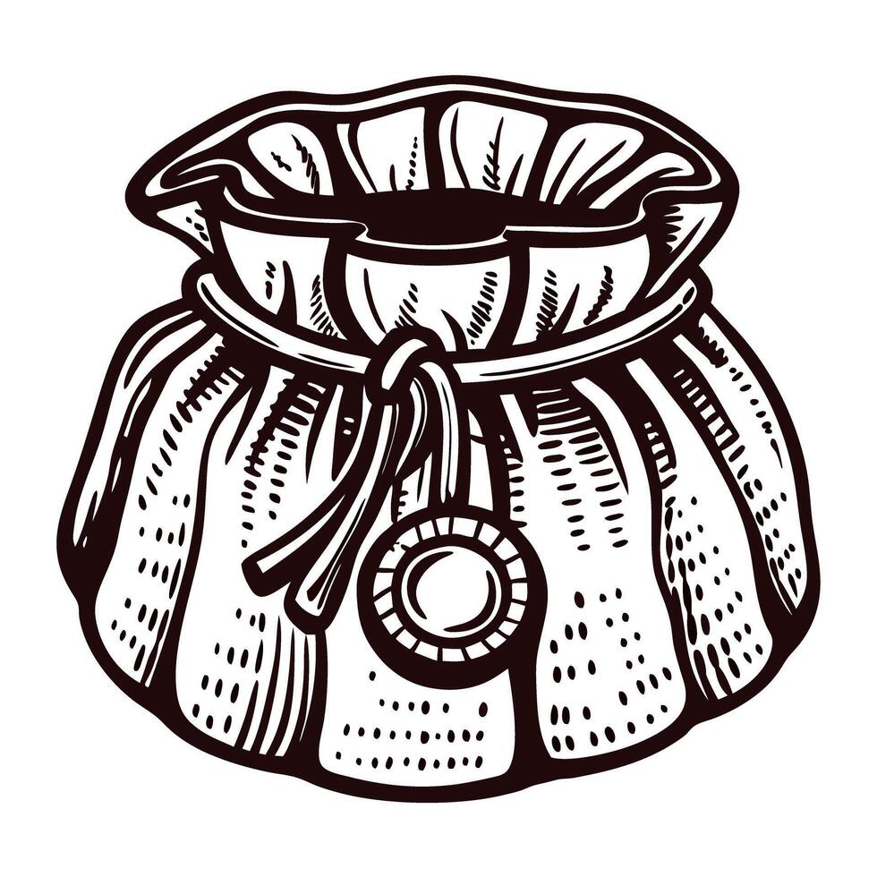 Vintage money bag with drawstring and seal in detailed monochrome vector