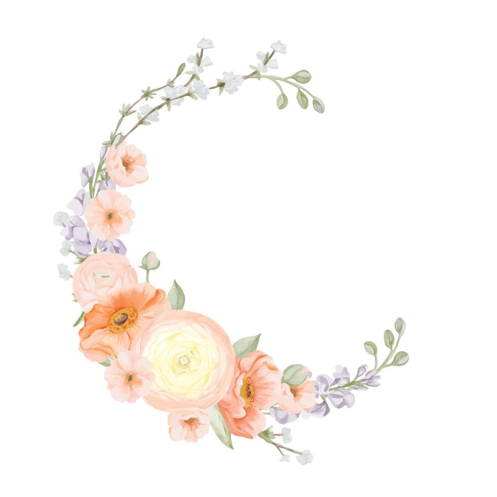 Watercolor Spring Flowers Wreath from Ranunculus and Iceland Poppies Flowers, Freesia, Peach or Cherry and Snow Willow Branches. Hand painted botanical illustration isolated on a white background. vector