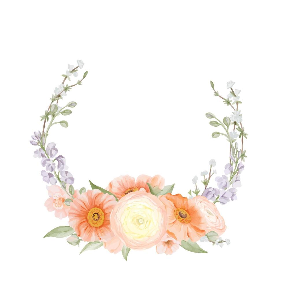 Spring Flowers Wreath from Ranunculus and Iceland Poppies Flowers, Freesia, Peach or Cherry and Snow Willow Branches. Watercolor hand drawn botanical illustration isolated on a white background. vector