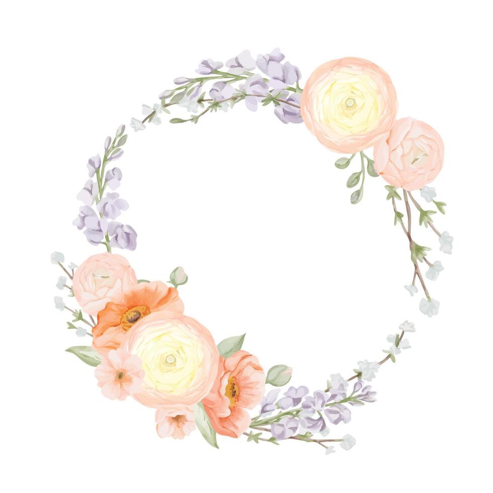 Spring Flowers Wreath, circle Frame, Border from Ranunculus and Iceland Poppies Flowers, Freesia, Peach or Cherry and Snow Willow Branches. Watercolor hand painted botanical illustration isolated on a vector