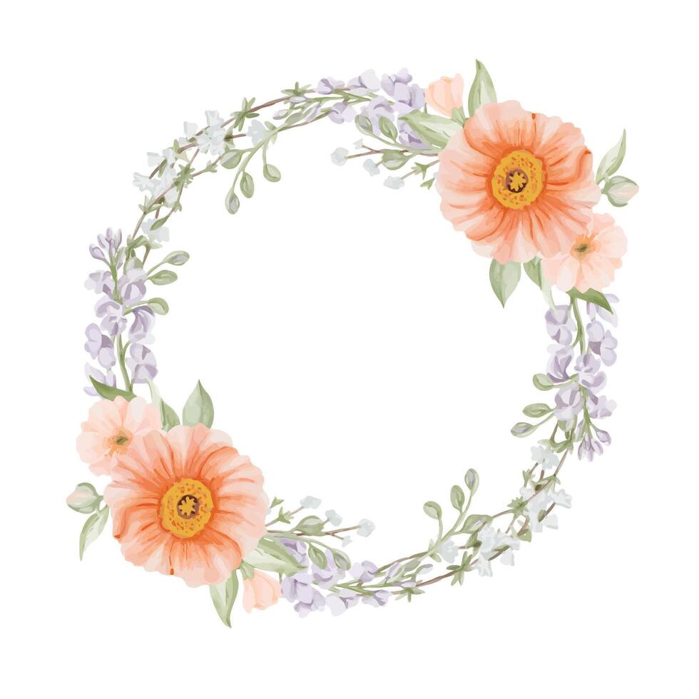 Wreath from spring flowers. Iceland Poppies, Freesia and Peach or Cherry and Snow Willow Branches. Circle frame, border. Watercolor hand drawn botanical illustration isolated on a white background vector