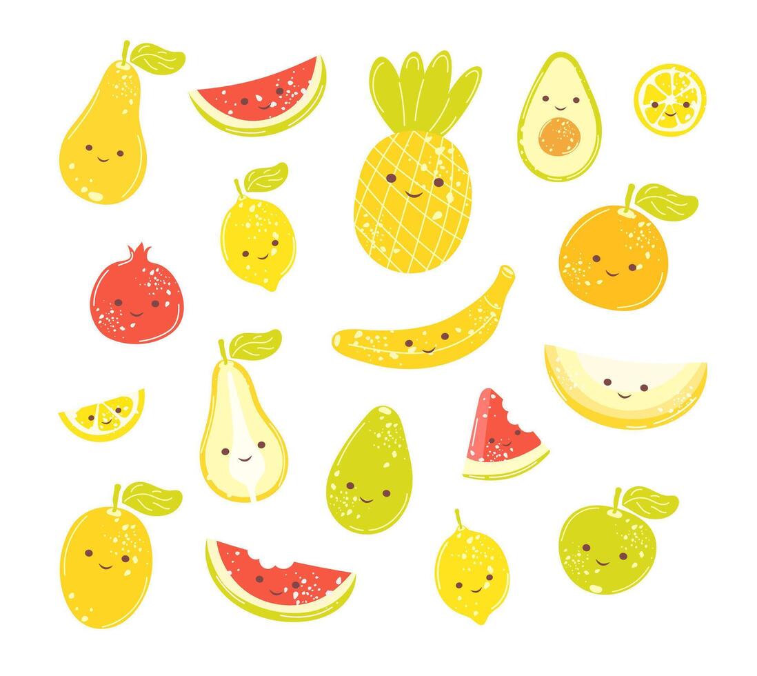 Set of cute cartoon fruits with smiling faces isolated on white background. Funny summer kawaii fruits collection. Clipart for kids vector