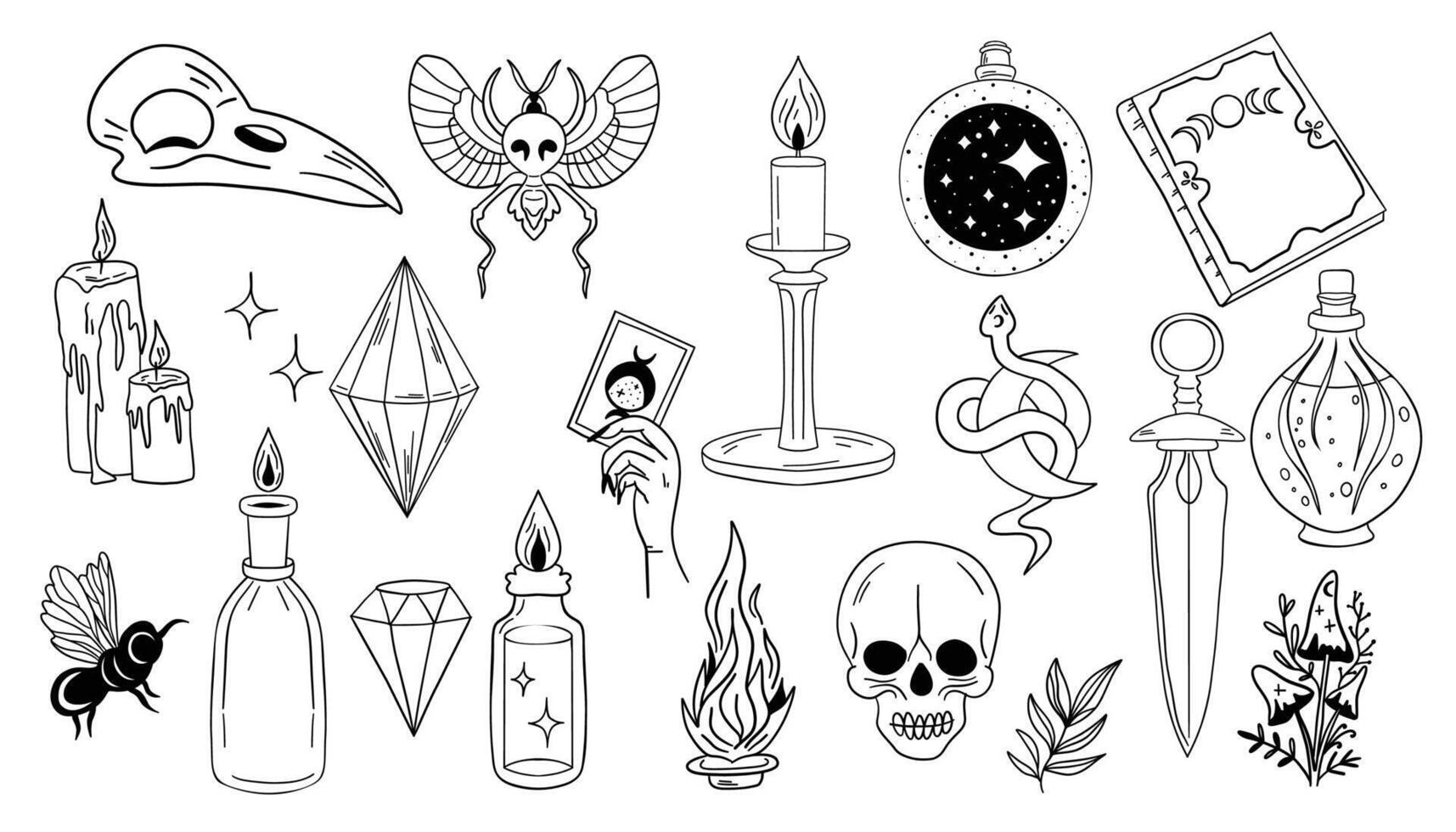 Magic elements set. Witchcraft, magic potion, crystal, skull, magic wand, magic book. illustration. vector