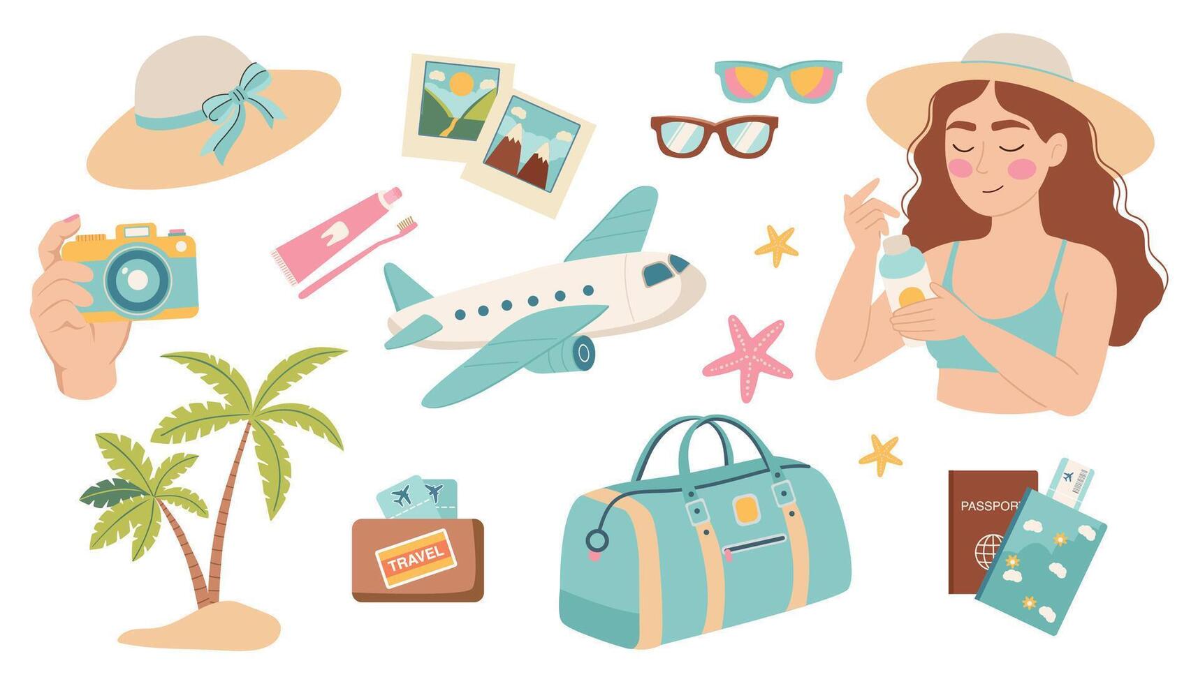Set of summer travel icons. Colorful summer elements set. A collection of stickers depicting various beach and summer items vector