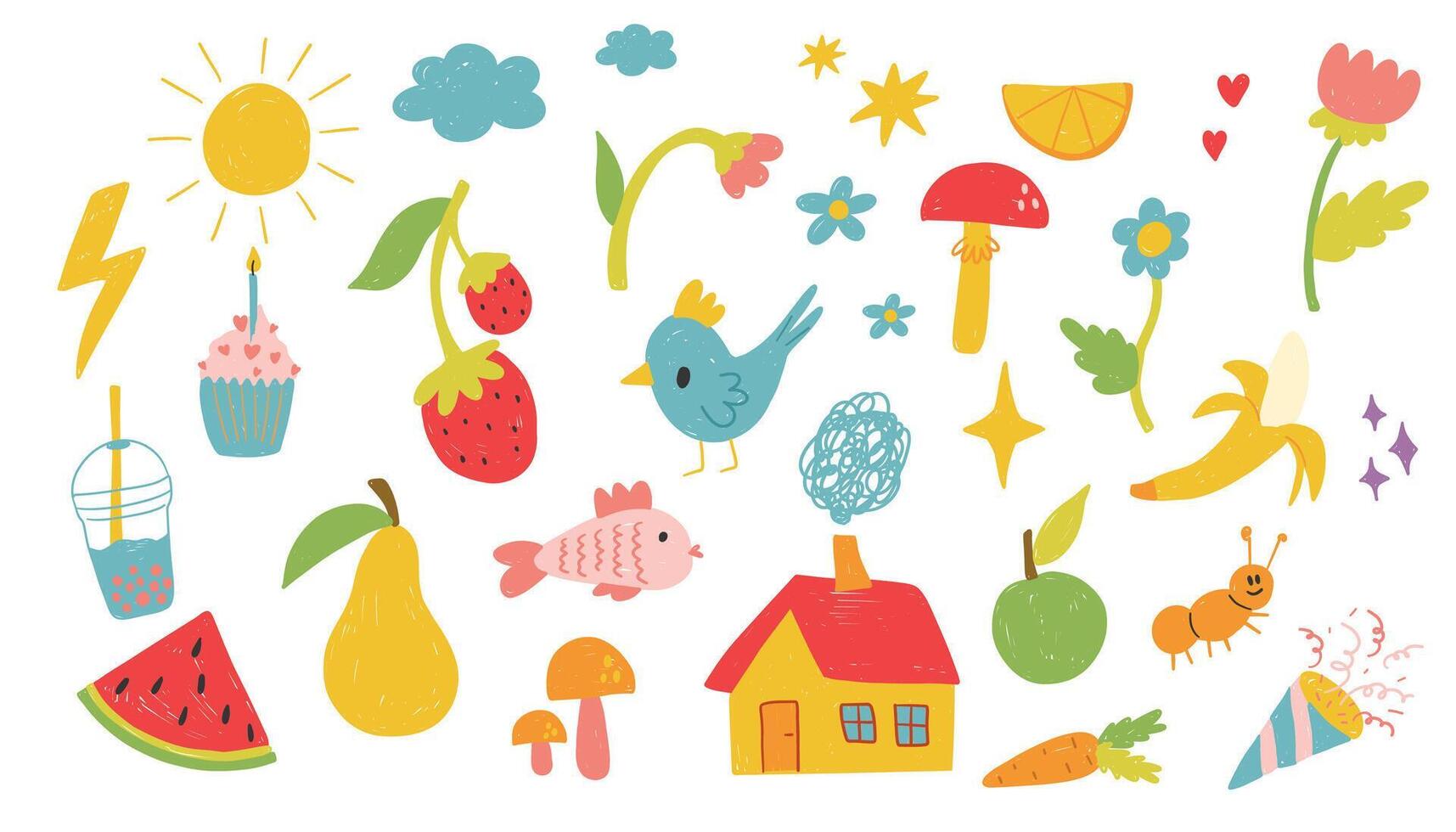 Hand drawn colored set of simple decorative elements. Cute set of hand drawn elements for children's design. vector