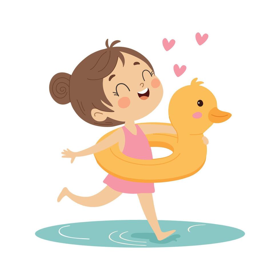 Cute little girl running with rubber ring and rubber duck in water Illustration vector