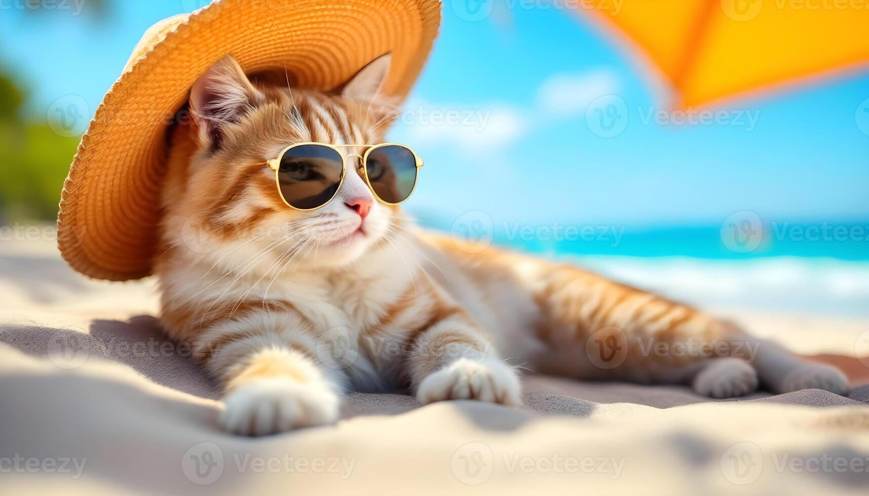 Cat Relaxing on Beach Wearing Sunglasses and Straw Hat Enjoying Vacation photo