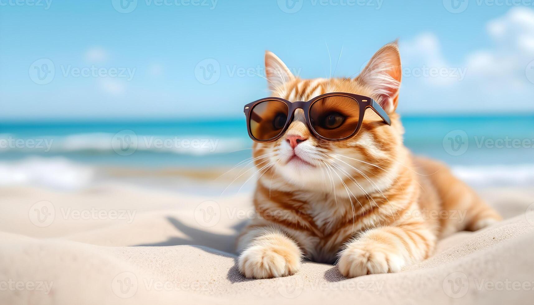 Ginger Cat Relaxing on Beach Wearing Sunglasses Enjoying Summer Holiday photo