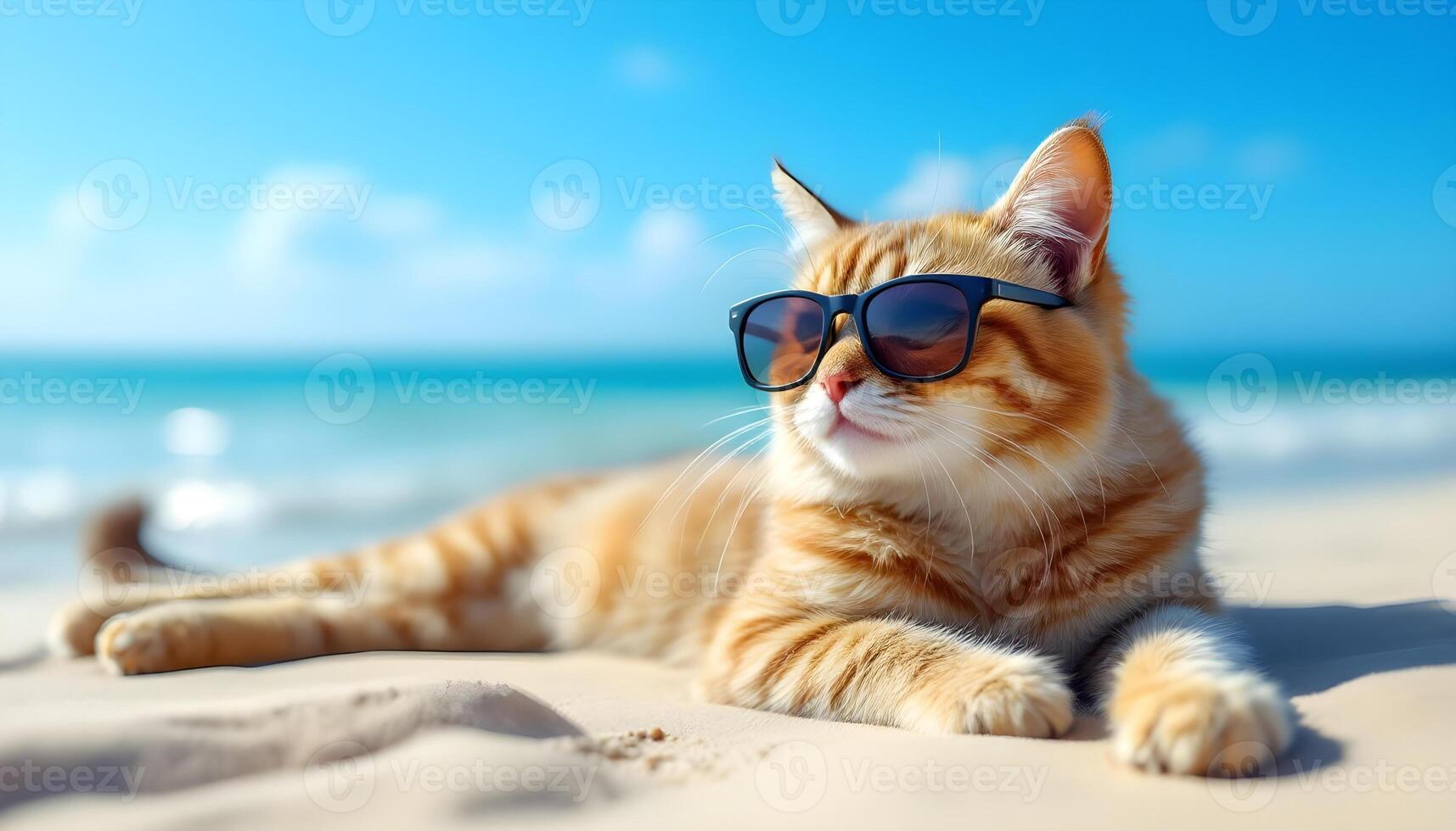 Cool Cat Relaxing on Beach with Sunglasses and Ocean View photo