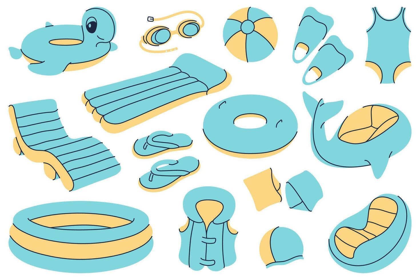 Set of illustrations of beach and pool accessories. Perfect for summer and vacation designs. vector