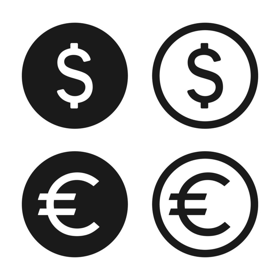 Set of Dollar and Euro symbols. Internet money, currency, earnings, bank, wallet, payment, coin vector