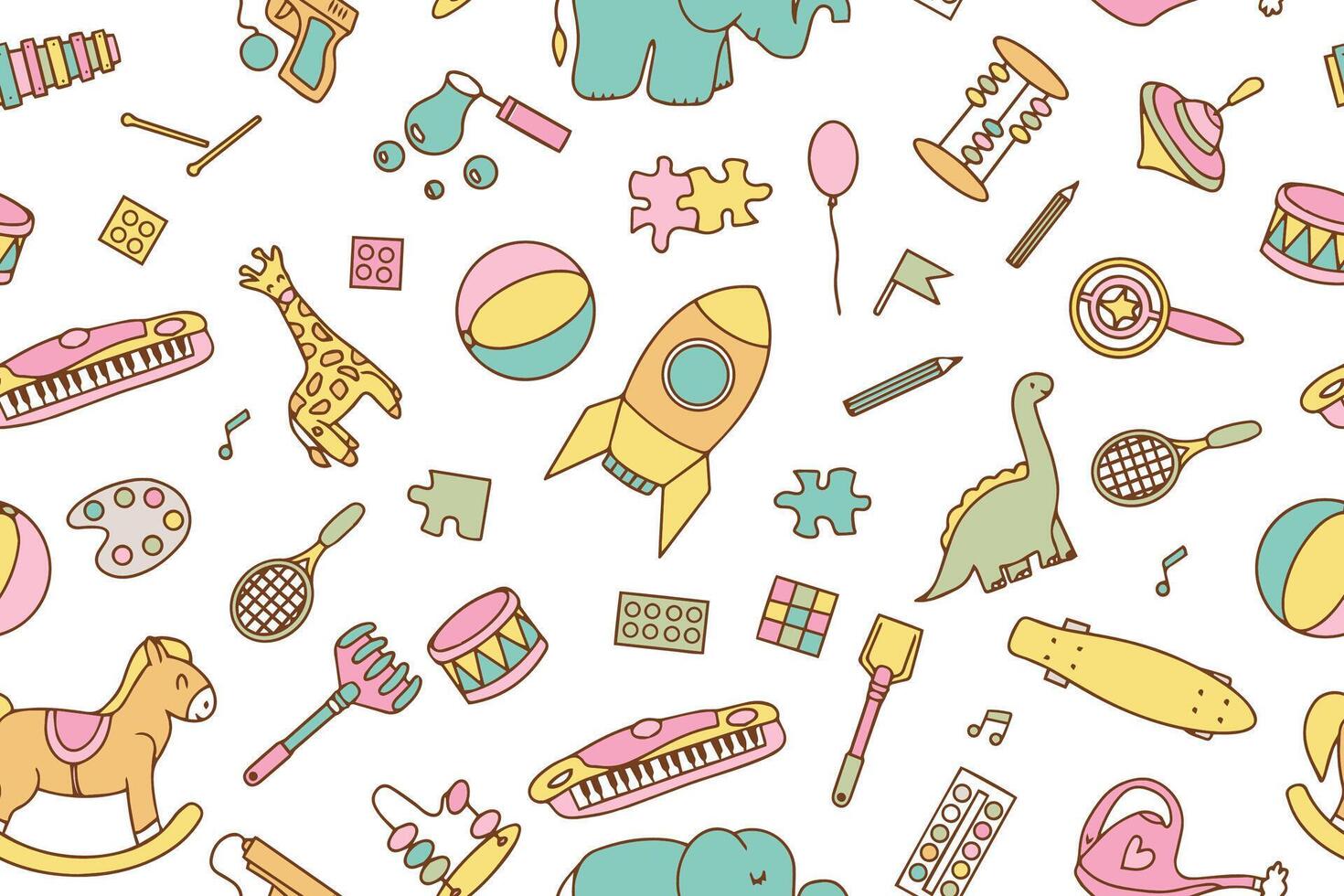 Seamless pattern with children's toys in doodle style on white background. Design for wrapping paper, textile, children's clothes, wallpaper, packaging. hand drawn illustration vector