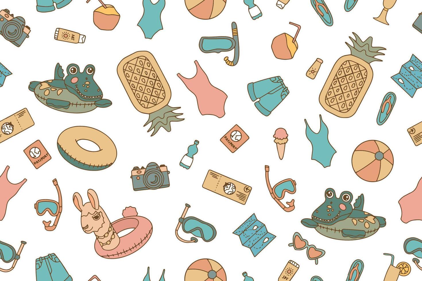 Stylish summer seamless pattern of beach items and accessories in doodle style. Hand drawn beach holiday and travel items on white background. illustration vector