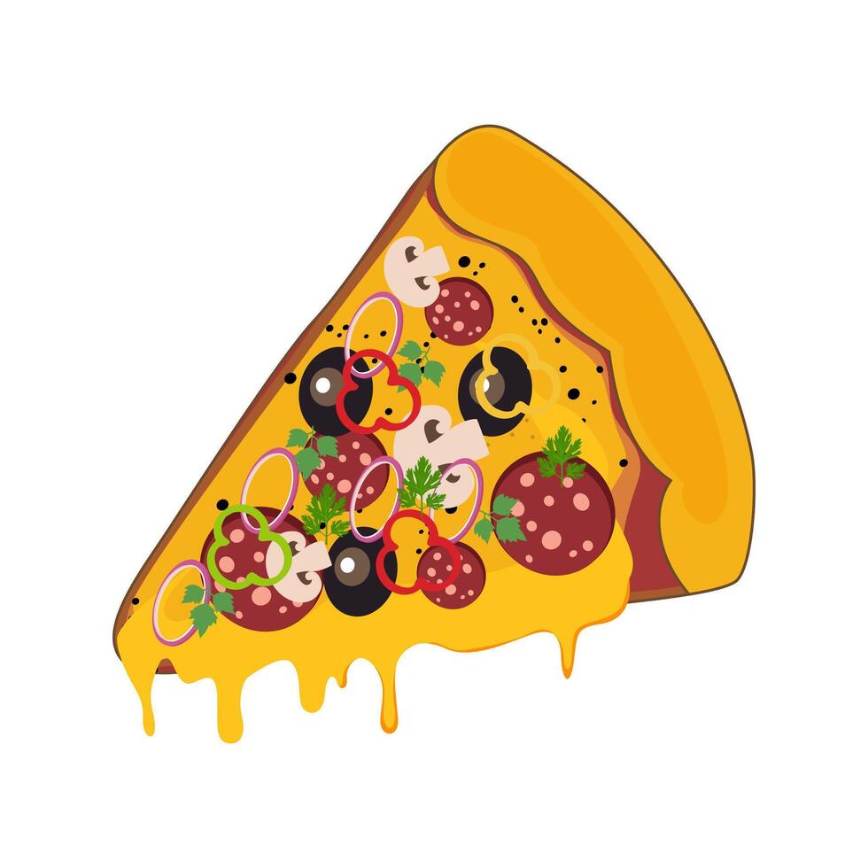 Pepperoni Mushroom Olive Pizza Slice with Onion Rings vector