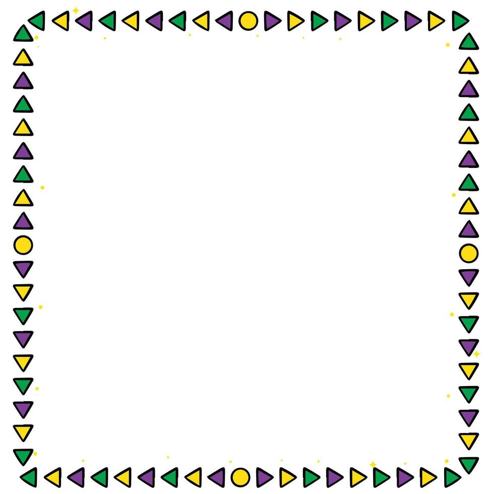 Festive Square Border with Green Purple Yellow Triangles and Circles with Gold Sparkles vector