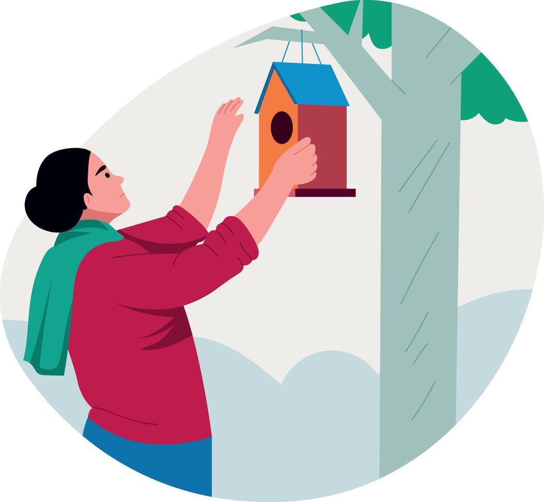 Flat illustration showing a character hanging birdhouse in the garden vector