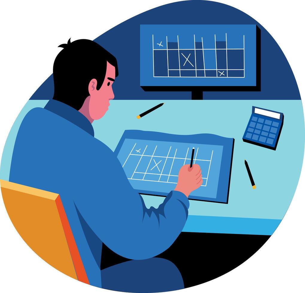 A flat style illustration of an engineer doing calculation vector