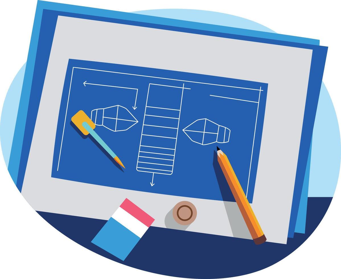 A flat style illustration showing blueprint sketching vector