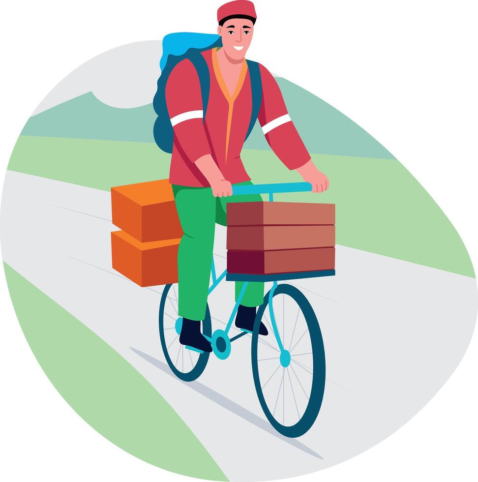 A flat style illustration showing a character doing cycle delivery vector