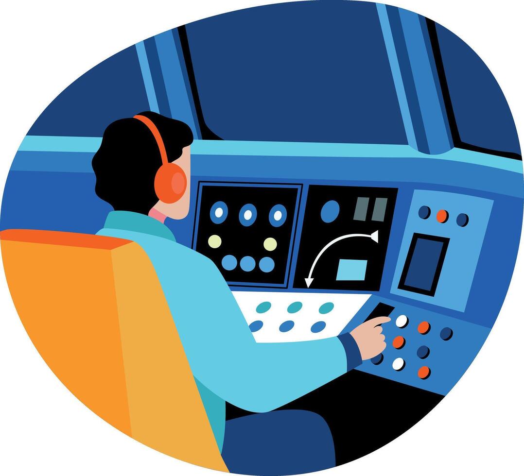 A flat style illustration showing a character sitting in a flight control room vector