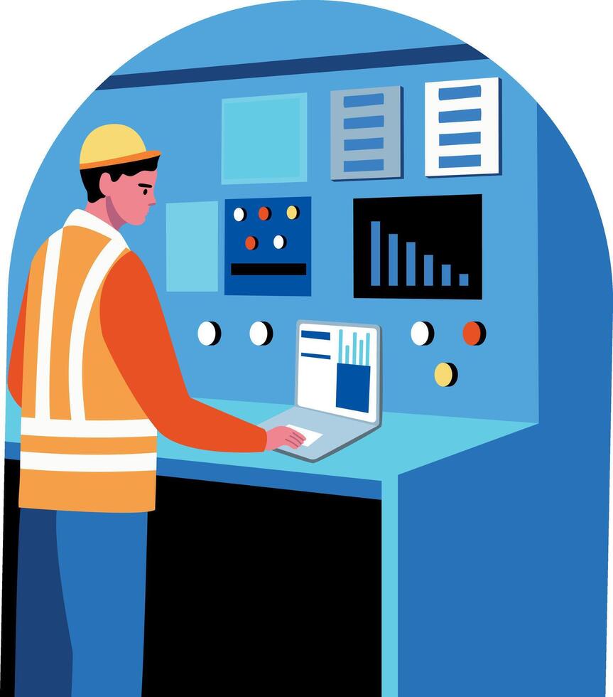 Flat illustration showing an engineer operating a system vector