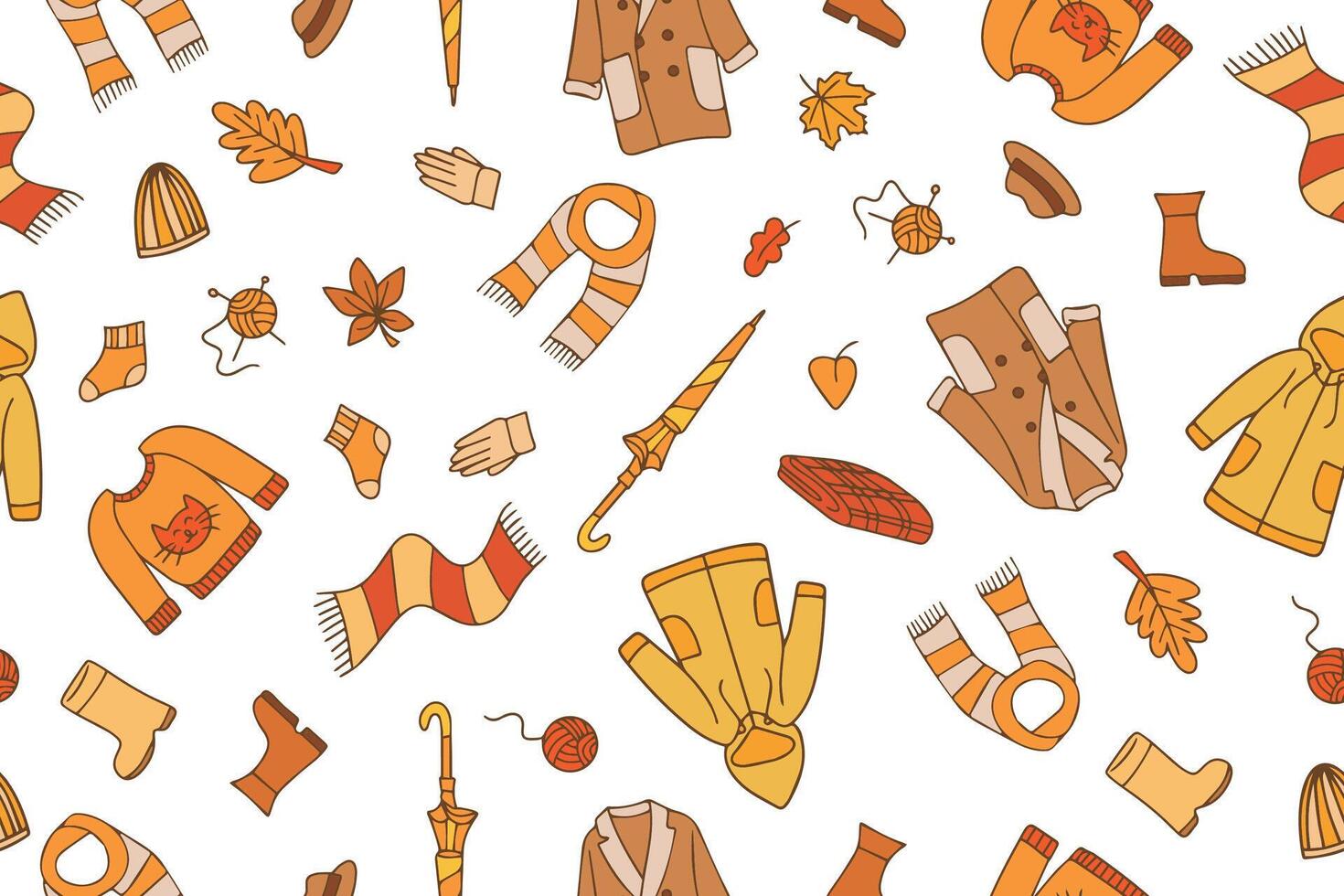 Warm autumn clothes seamless pattern. Knitted sweater, hat, scarf, socks. Cozy autumn background in doodle style. vector