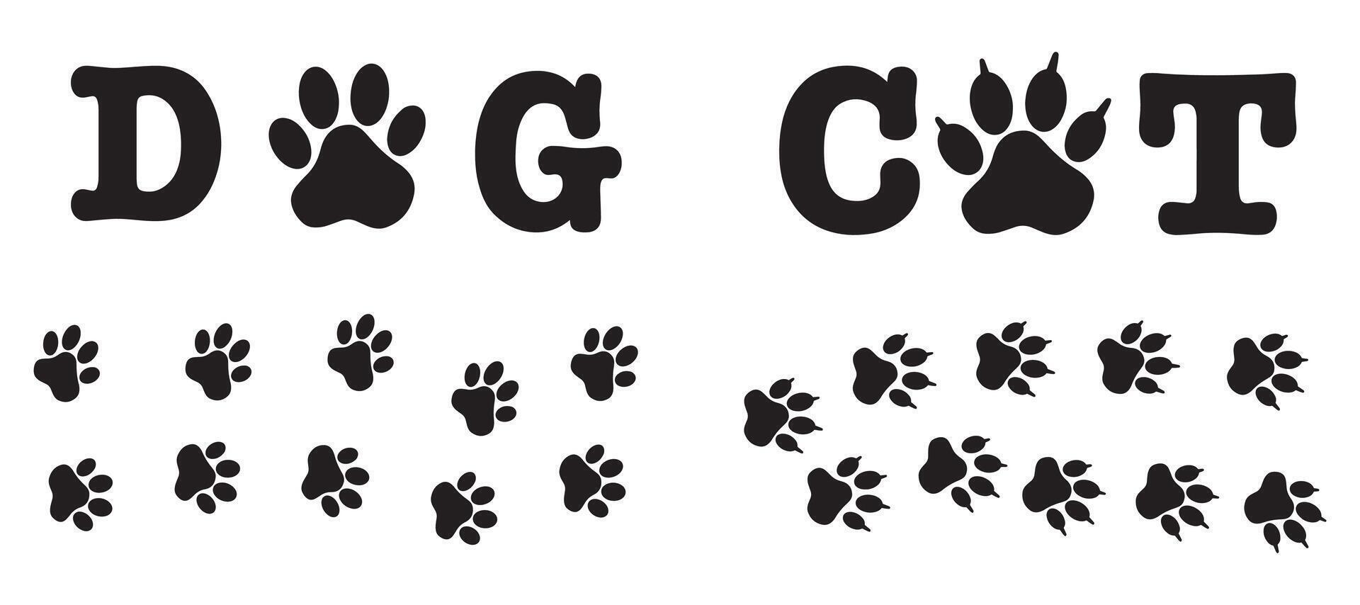Cat and dog paw prints, flat style. Animal footprints drawing on white background vector