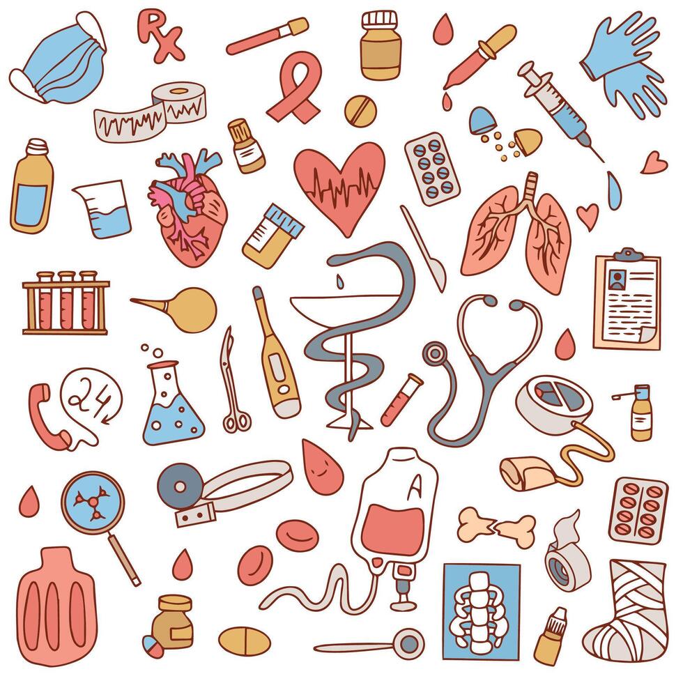 Hand drawn set of nurse and medical supplies icons. Healthcare icons and medical items in doodle style. Medicines, medical products, devices. vector