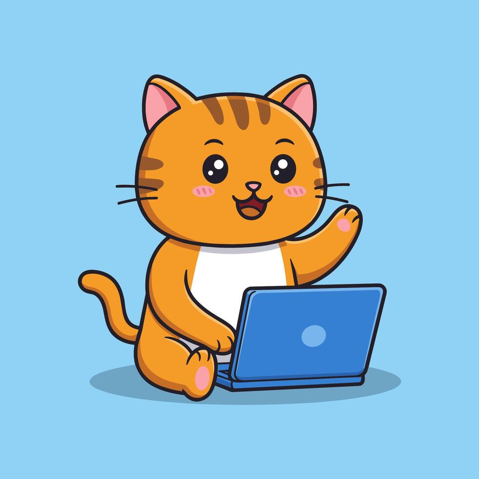 A cartoon cat sitting on a laptop computer vector
