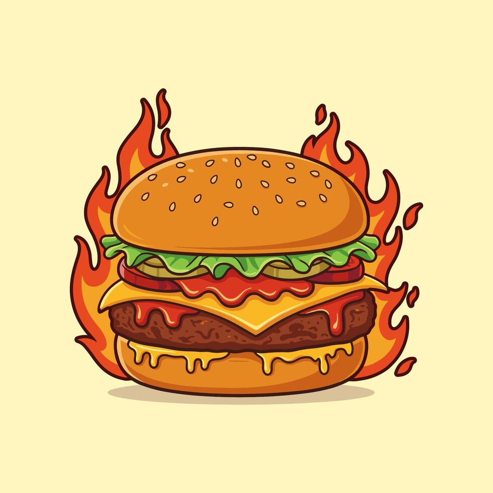 A cartoon burger with fire on it vector