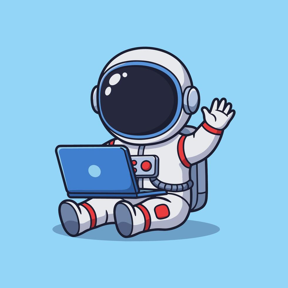 An astronaut sitting on a blue background with his laptop vector