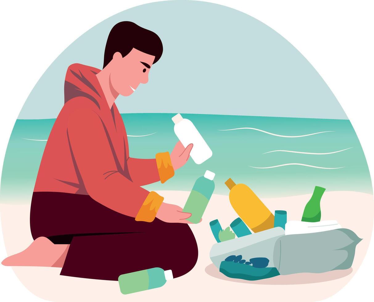 A character collecting trash bottles from the beach, flat illustration vector
