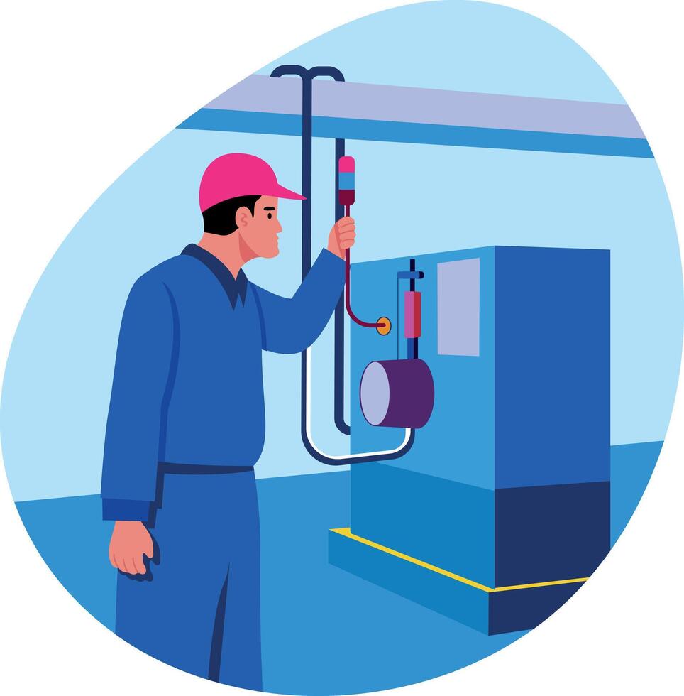 Flat illustration showing an engineer operating boiler system vector