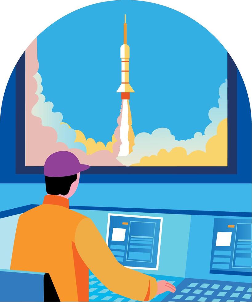 Flat illustration showing an engineer monitoring a rocket launch mission vector