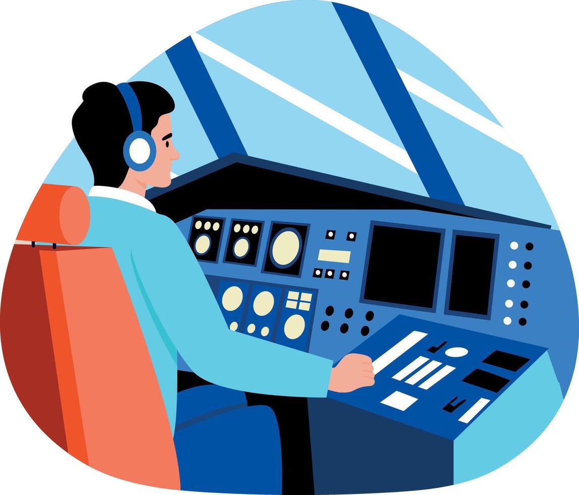 Flat style illustration showing a character operating aircraft control vector