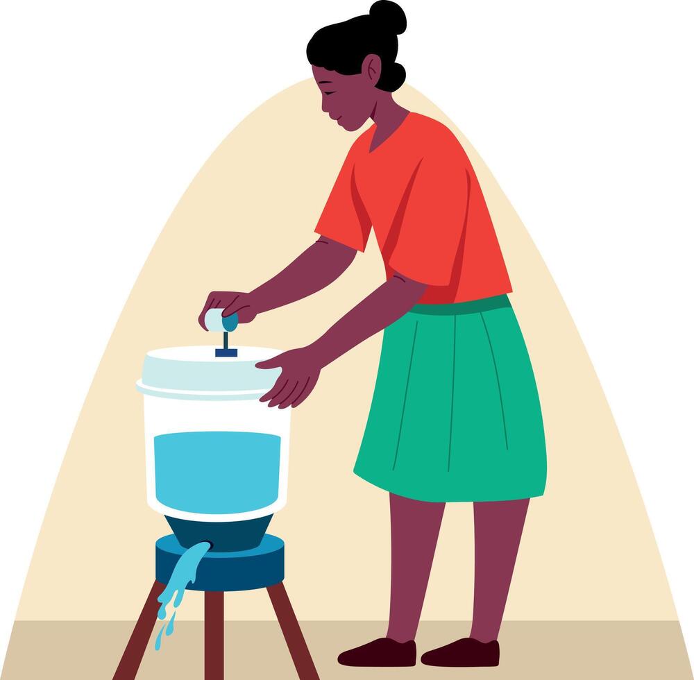 Flat style illustration showing a woman filtering water vector